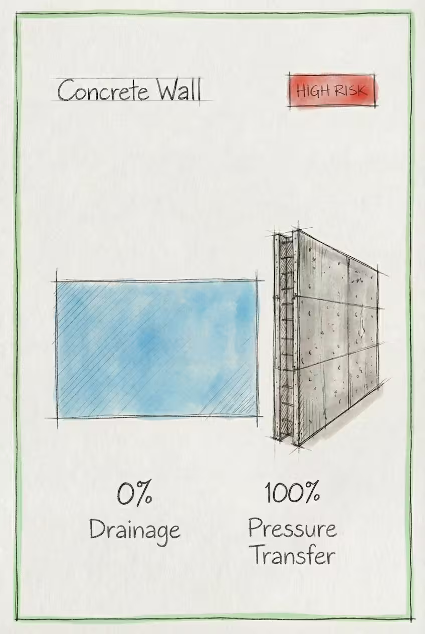 Concrete retaining wall showing hydrostatic pressure failure - cracking and water damage from blocked drainage